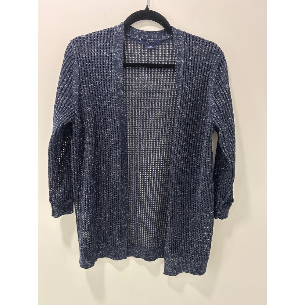 W by Worth Navy Blue Metallic Shimmer Open Weave Mesh Cardigan Sweater XS